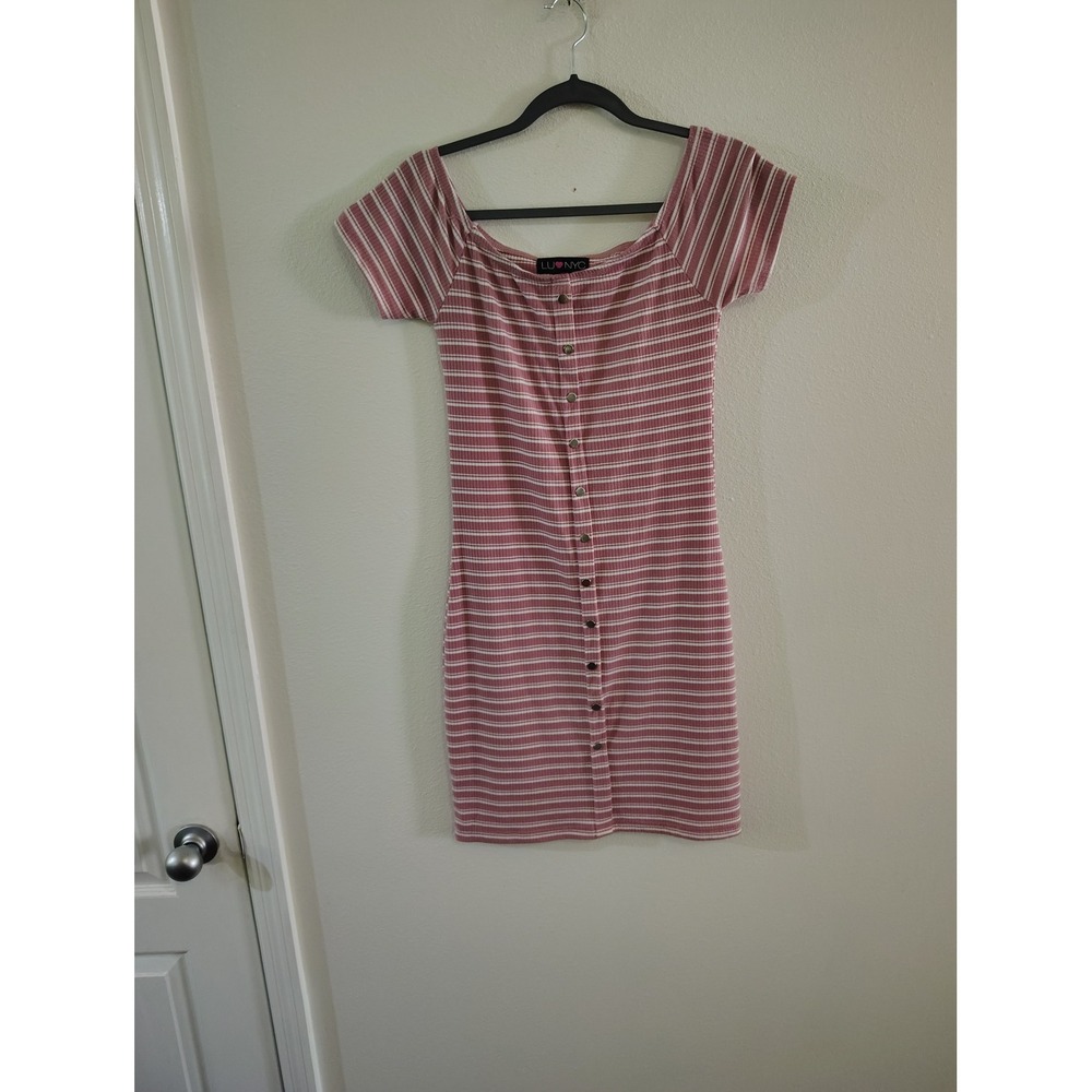 LUV NYC Pink White Striped Ribbed Knit Button Front Bodycon Mini‎ Dress Womens M